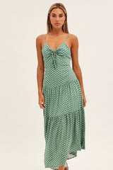 Print Polka Dot Maxi Dress Sleeveless Tie Front Tiered Polka Dot
