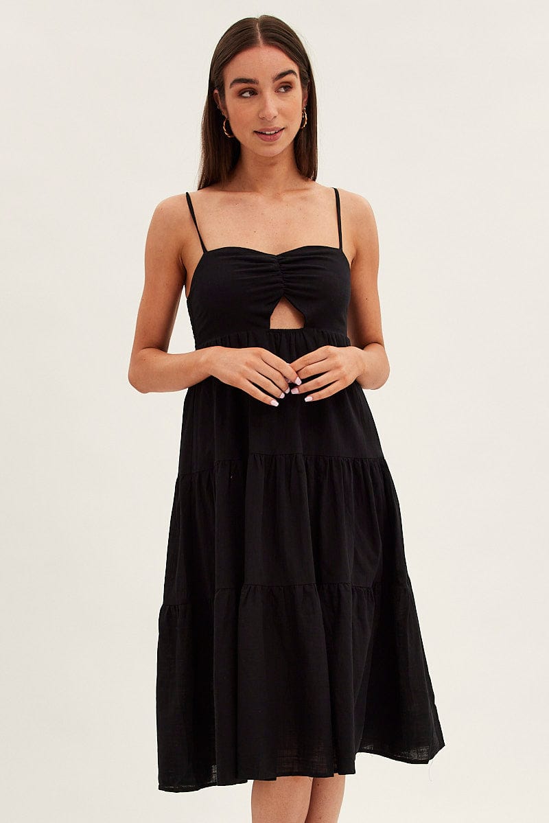 Black Midi Dress Sleeveless Ruched Tiered