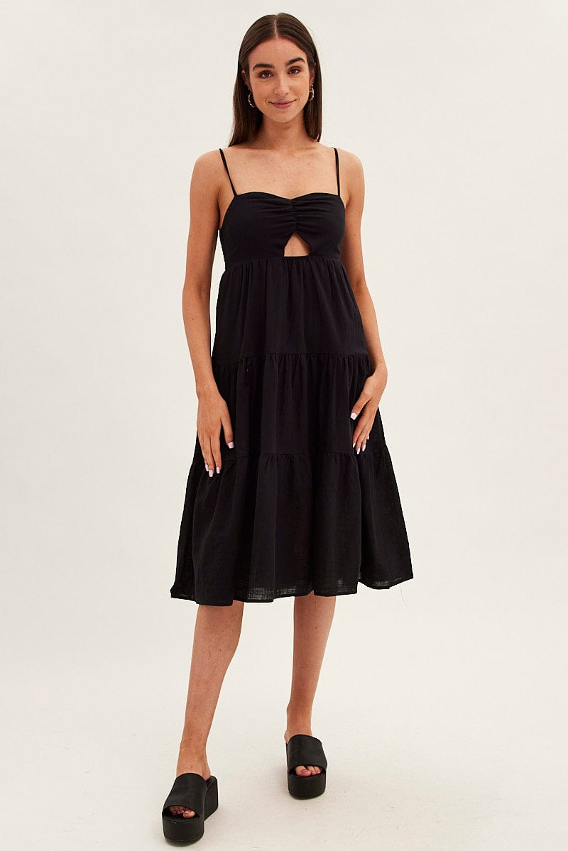 Black Midi Dress Sleeveless Ruched Tiered