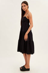 Black Midi Dress Sleeveless Ruched Tiered