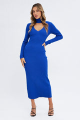 Blue Knit Dress Long Sleeve High Neck Cut Out