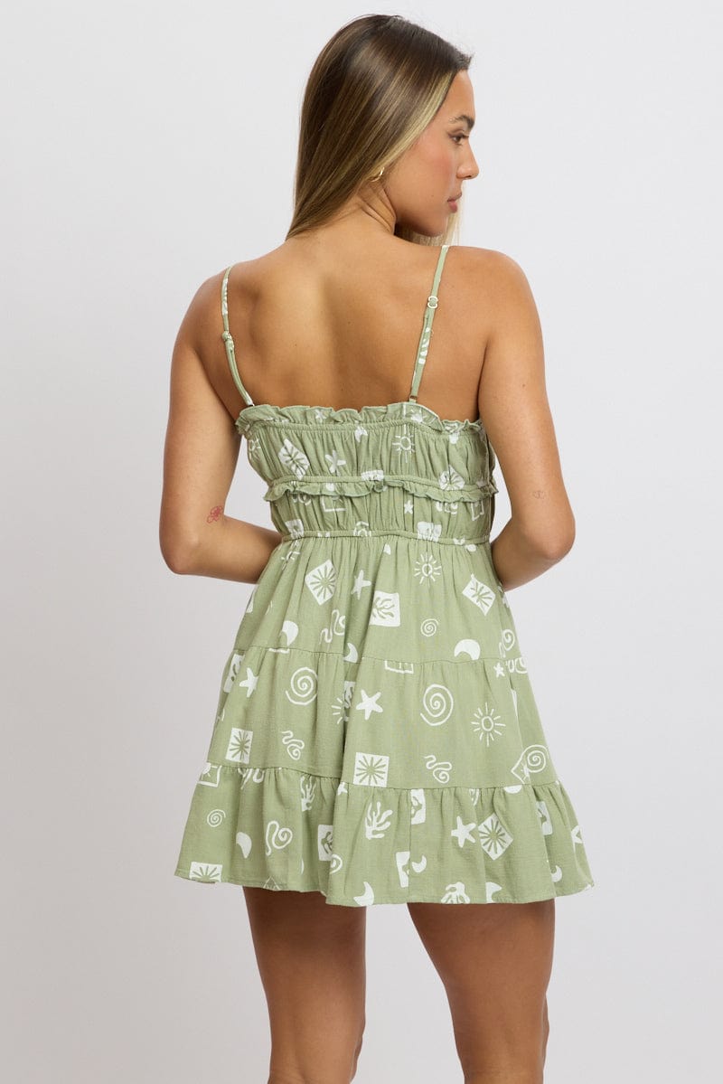 Green Abstract Fit And Flare Dress Mini