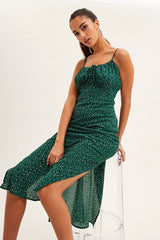 Green Polka Dot Midi Dress Sleeveless Ruched Bust