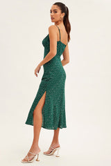 Green Polka Dot Midi Dress Sleeveless Ruched Bust