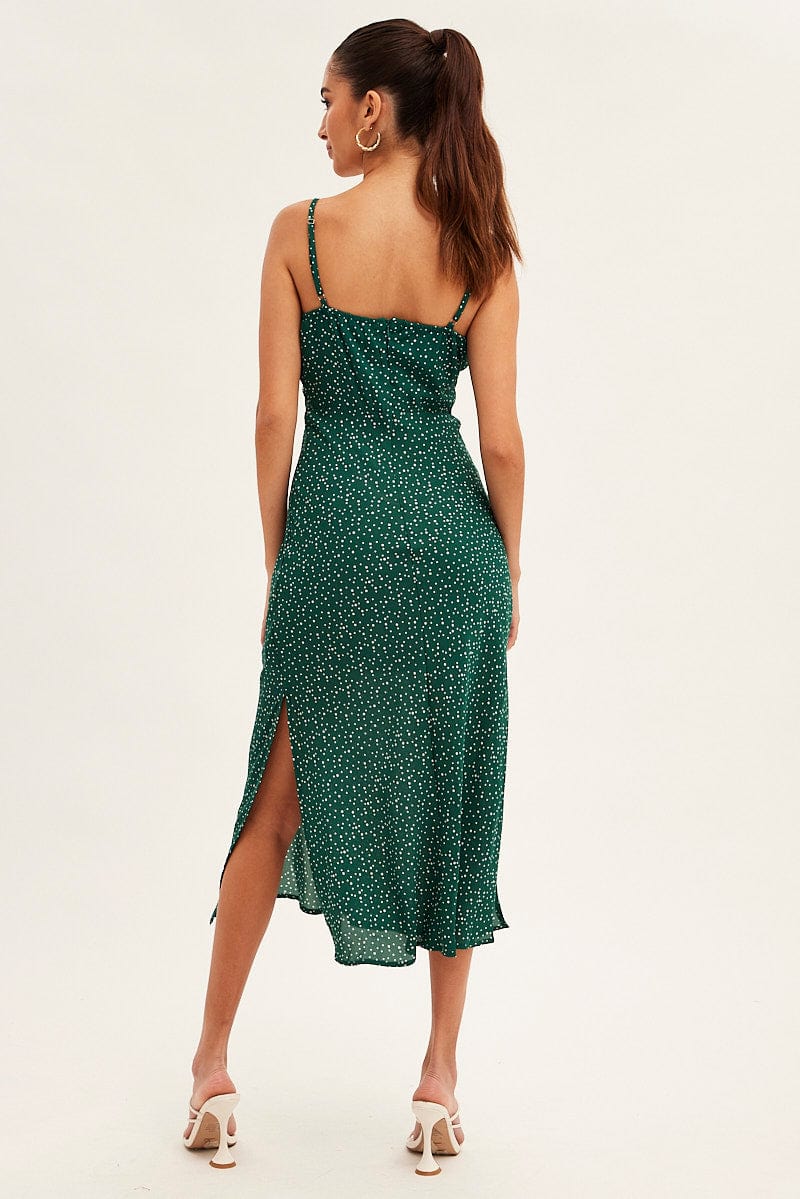Green Polka Dot Midi Dress Sleeveless Ruched Bust