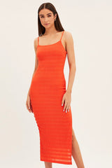 Orange Maxi Dress Textured Minimal Square Neck Bodycon