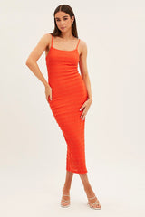 Orange Maxi Dress Textured Minimal Square Neck Bodycon