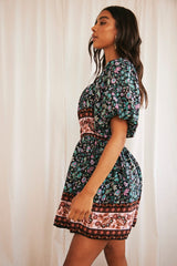 Black Boho Mini Dress Short Sleeve Off Shoulder Skater