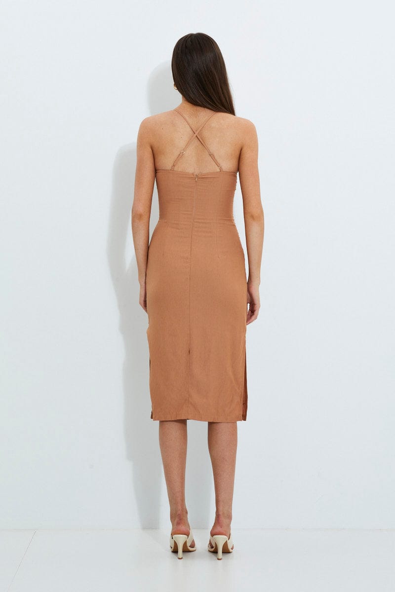 Beige Designer Linen Look Racer Neck Midi Dress