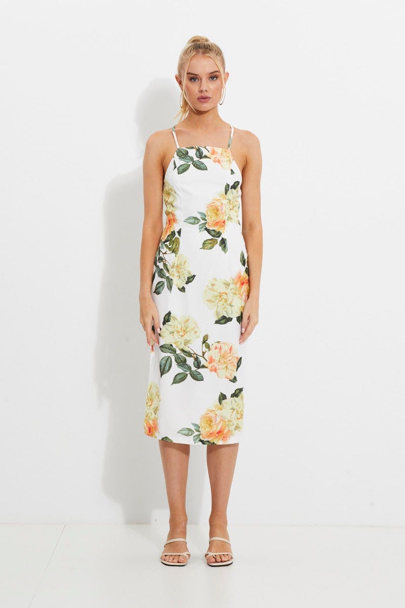 Print Designer Yellow Rose Racer Neck Slip Midi Dress