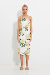 Print Designer Yellow Rose Racer Neck Slip Midi Dress