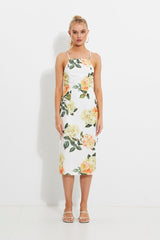 Print Designer Yellow Rose Racer Neck Slip Midi Dress
