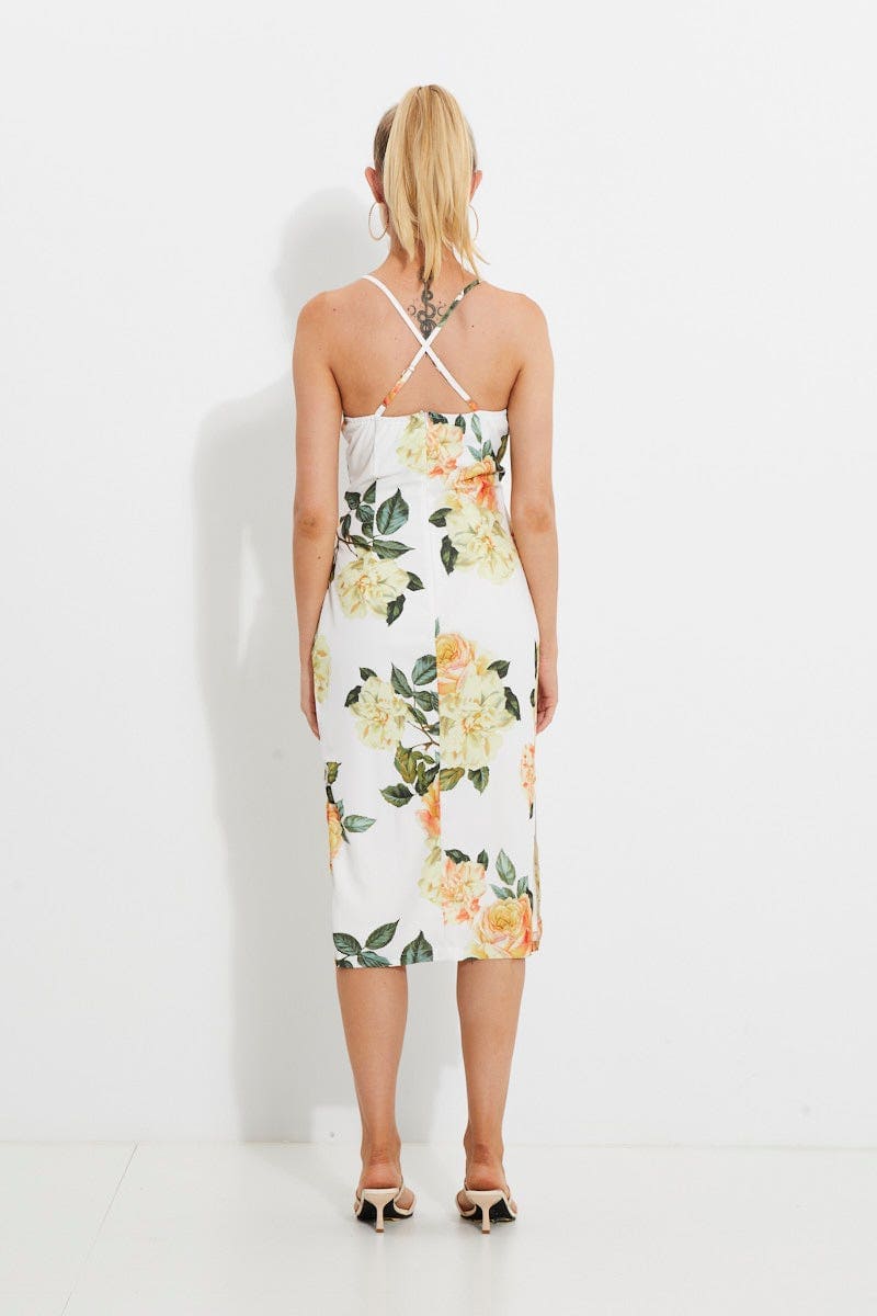 Print Designer Yellow Rose Racer Neck Slip Midi Dress