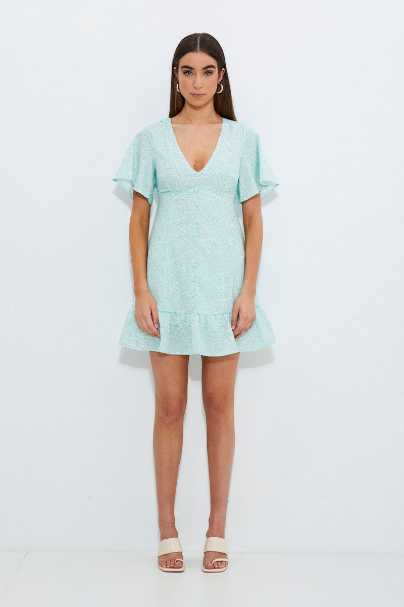 Print Print Bell Sleeve Frill Hem Dress