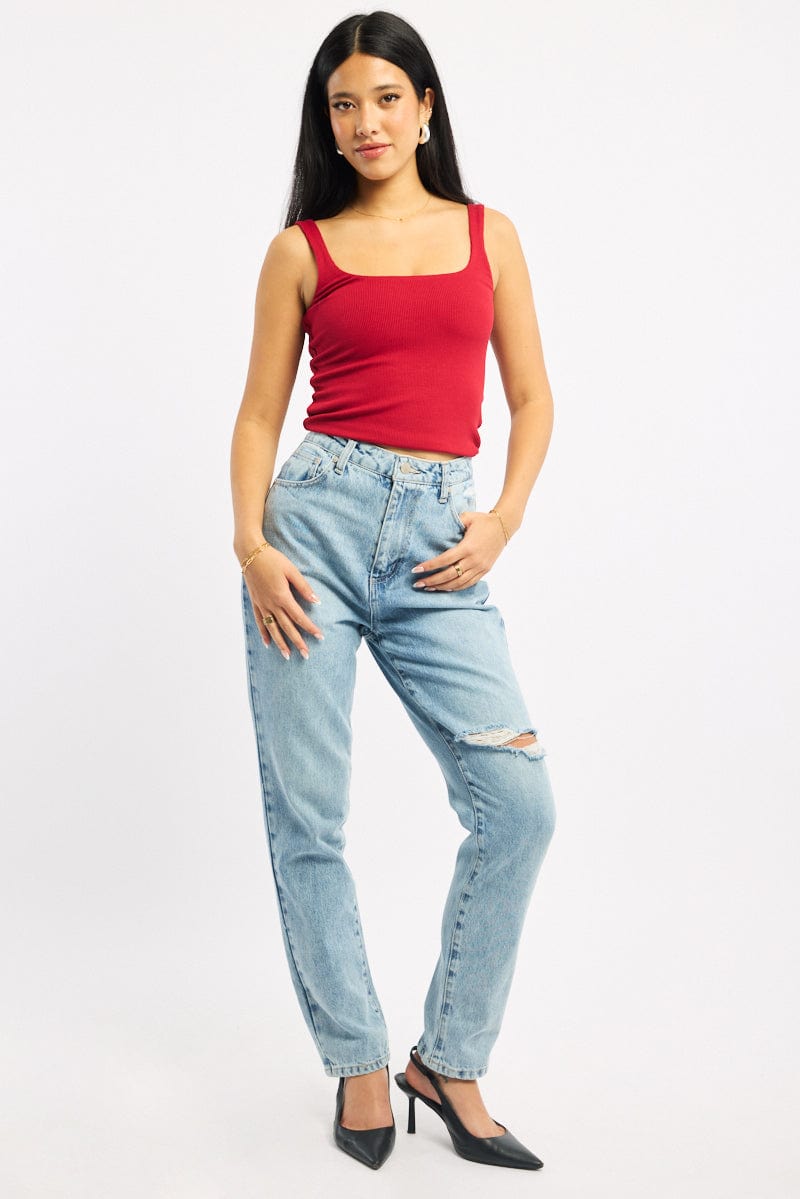 Denim Straight Jeans High Rise Knee Slit