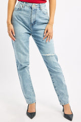 Denim Straight Jeans High Rise Knee Slit