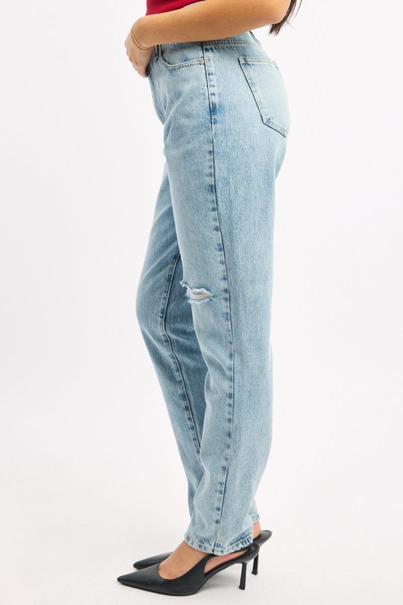 Denim Straight Jeans High Rise Knee Slit