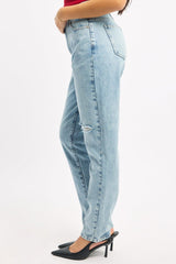 Denim Straight Jeans High Rise Knee Slit