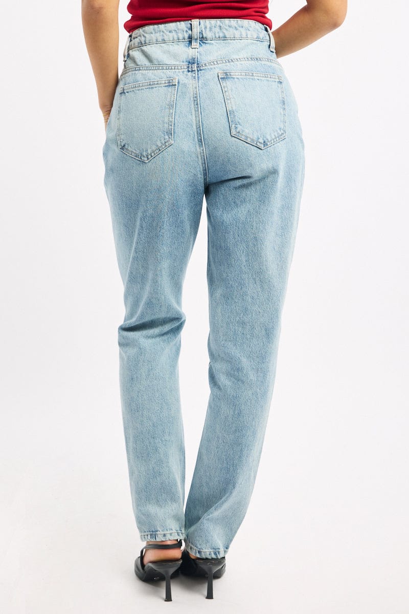 Denim Straight Jeans High Rise Knee Slit