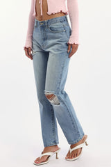 Denim Straight Jeans High Rise Knee Slit