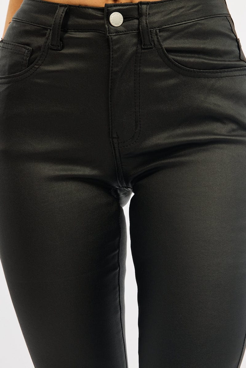 Black Flare Jeans High Rise Wet Look