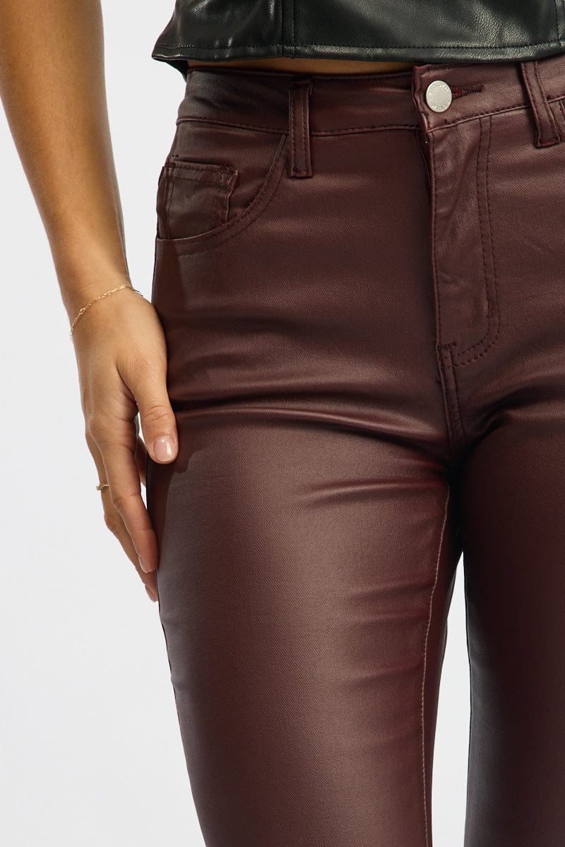 Red Flare Jeans High Rise Wet Look