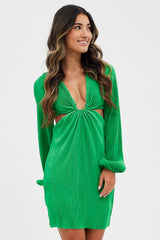 Green Plisse Dress Plunging Ring Detail Balloon Sleeve