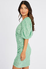Green Sequin Mini Dress Wrap Puff Sleeve Dress