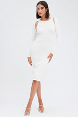 White Midi Dress Long Sleeve Keyhole Bodycon Rib Knit
