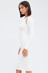 White Midi Dress Long Sleeve Keyhole Bodycon Rib Knit