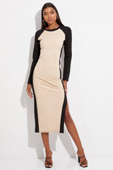 Beige Midi Dress Long Sleeve Round Neck Raglan Two-tone