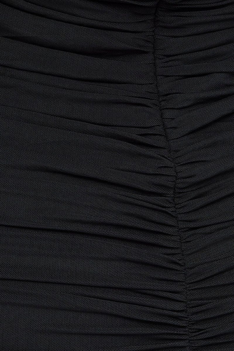Black Mini Dress Long Sleeve Halter Bodycon Ruched Mesh