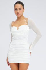 White Mini Dress Long Sleeve Halter Bodycon Ruched Mesh