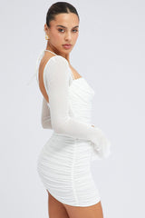 White Mini Dress Long Sleeve Halter Bodycon Ruched Mesh