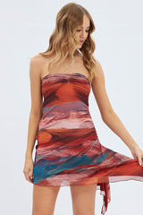 Multi Abstract Mini Dress Sleeveless Sweetheart Ruched Mesh