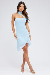 Blue Mini Dress Sleeveless Scarf Ruffled Rosette Brooch