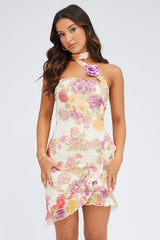 White Floral Mini Dress Sleeveless Scarf Ruffled Rosette Brooch