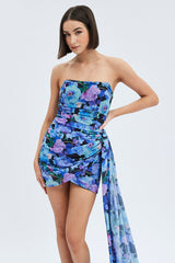 Multi Floral Sash Dress Bandeau Chiffon Draped Mini Dress