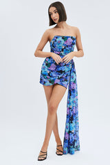 Multi Floral Sash Dress Bandeau Chiffon Draped Mini Dress