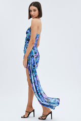 Multi Floral Sash Dress Bandeau Chiffon Draped Mini Dress