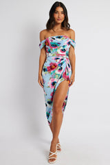 Blue Floral Midi Dress Bardot Sleeve Draped Blue Floral