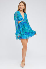 Blue Floral Dress Balloon Sleeve Lace Up Back Ring Chiffon
