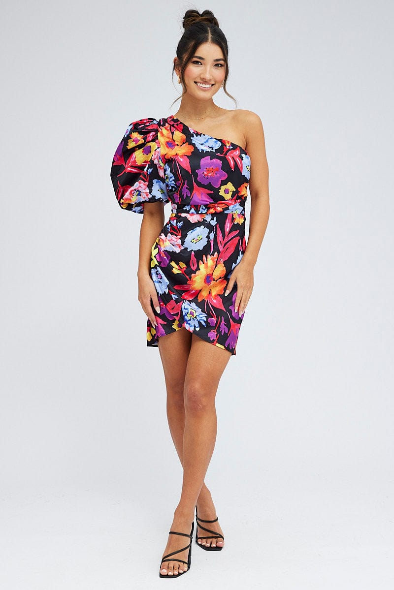 Multi Floral One Shoulder Puff Sleeve Statement Mini Dress