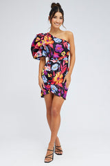 Multi Floral One Shoulder Puff Sleeve Statement Mini Dress