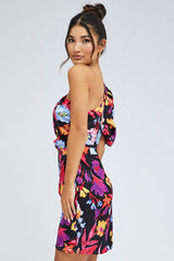 Multi Floral One Shoulder Puff Sleeve Statement Mini Dress