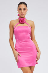 Pink Rosette Flower Crossover Mini Dress
