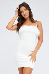 White Faux Feather Trim Bodycon Strappy Mini Dress