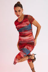 Brown Abstract Midi Dress Short Sleeve Bodycon Mesh