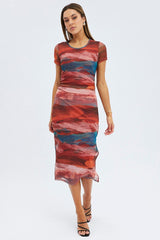 Brown Abstract Midi Dress Short Sleeve Bodycon Mesh