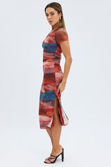 Brown Abstract Midi Dress Short Sleeve Bodycon Mesh